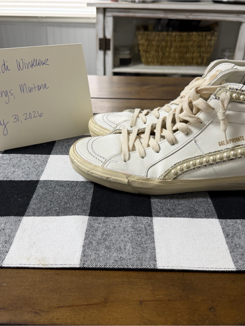Golden Goose White and Beige High-Top Sneakers with Pearl Trim